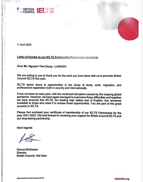 Thư cám ơn từ British Council gửi tới IELTS LangGo