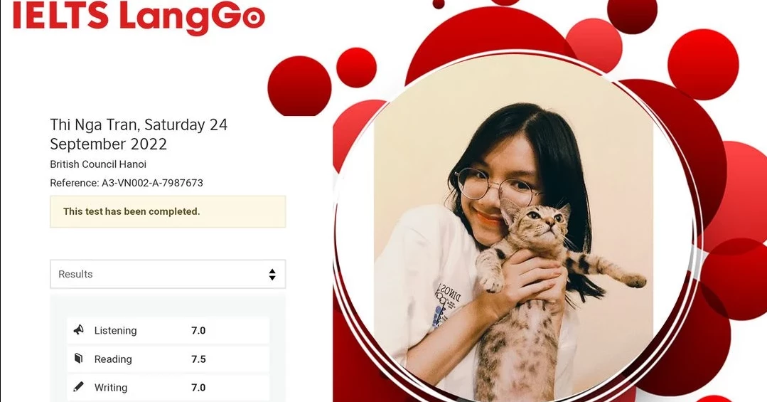 Bạn Trần Thị Nga - 7.5 Overall sau khi kết thúc khoá 4.0-7.0 tại IELTS LangGo
