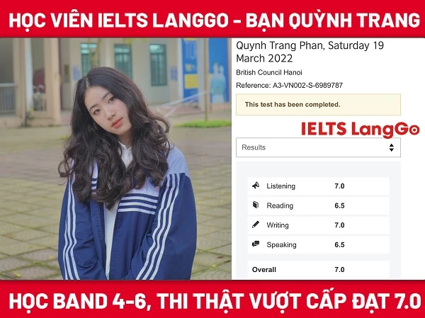 Phan Quỳnh Trang - học viên IELTS LangGo vượt band đạt 7.0 IELTS sau khóa 4.0-6.0