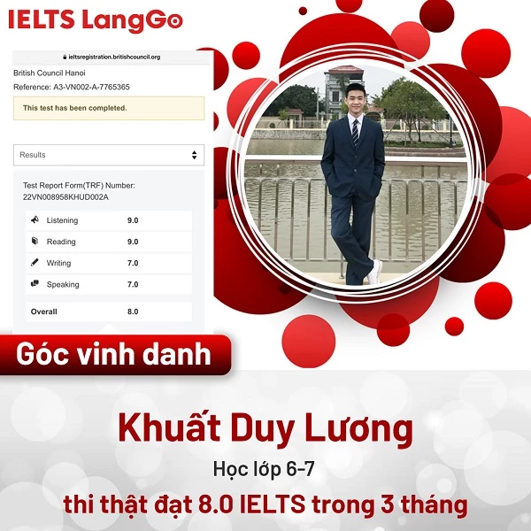 Bạn Khuất Duy Lương - Học viên IELTS LangGo đạt 8.0 IELTS sau khóa 6.0-7.0