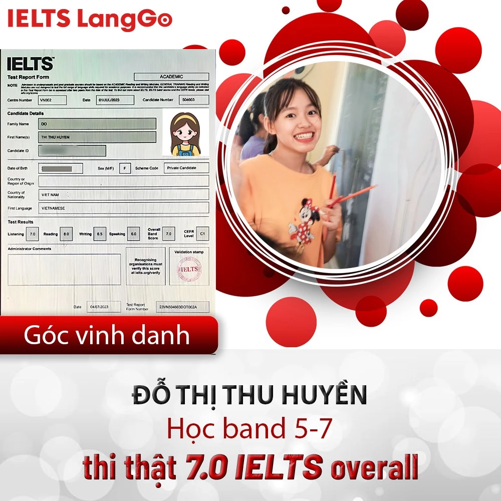 Thu Huyền - học viên IELTS LangGo đạt 7.0 Overall sau lần thi đầu tiên
