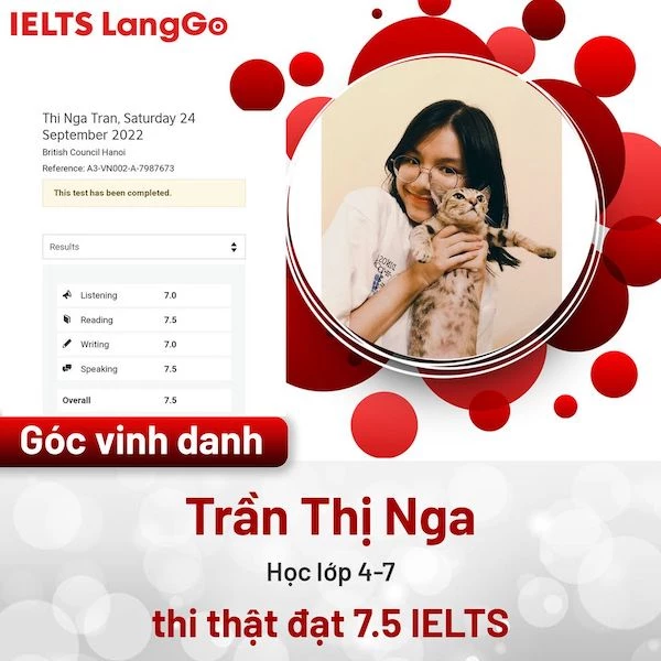 Bạn Trần Thị Nga 7.5 Overall - 7.5 Speaking