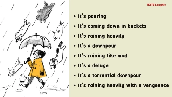 Các cụm từ đồng nghĩa với It’s raining cats and dogs