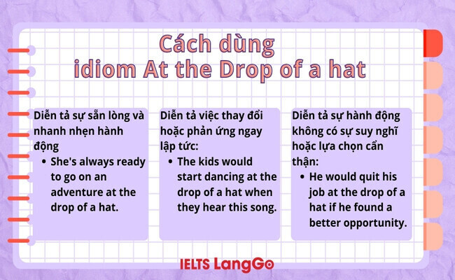 Cách dùng idiom At the drop of a hat