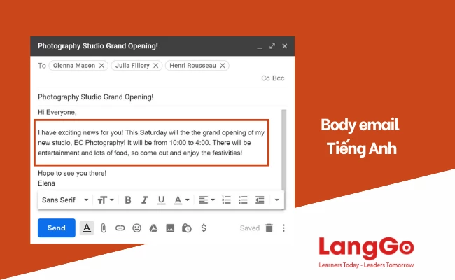 Phần Body của mẫu bài viết email bằng Tiếng Anh