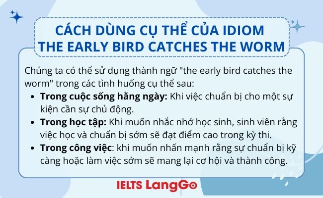 Cách dùng cụ thể của idiom the early bird catches the worm