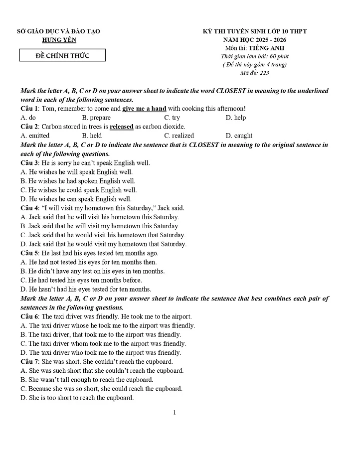 Đề thi Tiếng Anh vào lớp 10 Hưng Yên 2025 - mã đề 223
