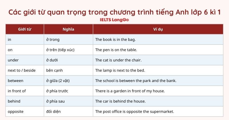 Tổng quan kiến thức về giới từ trong chương trình tiếng Anh lớp 6 kì 1