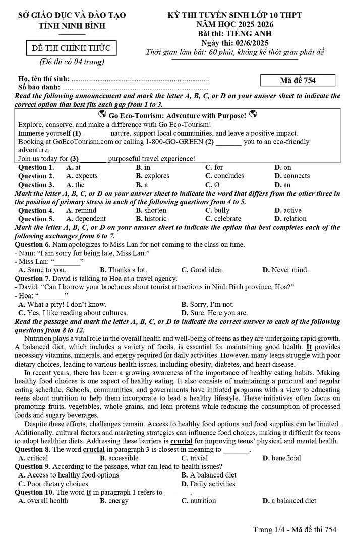 Đề thi Tiếng Anh vào lớp 10 Ninh Bình 2025 - Mã đề 754