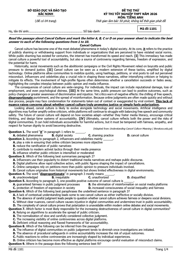 Đề thi thử tốt nghiệp THPT tiếng Anh Bắc Ninh 2026