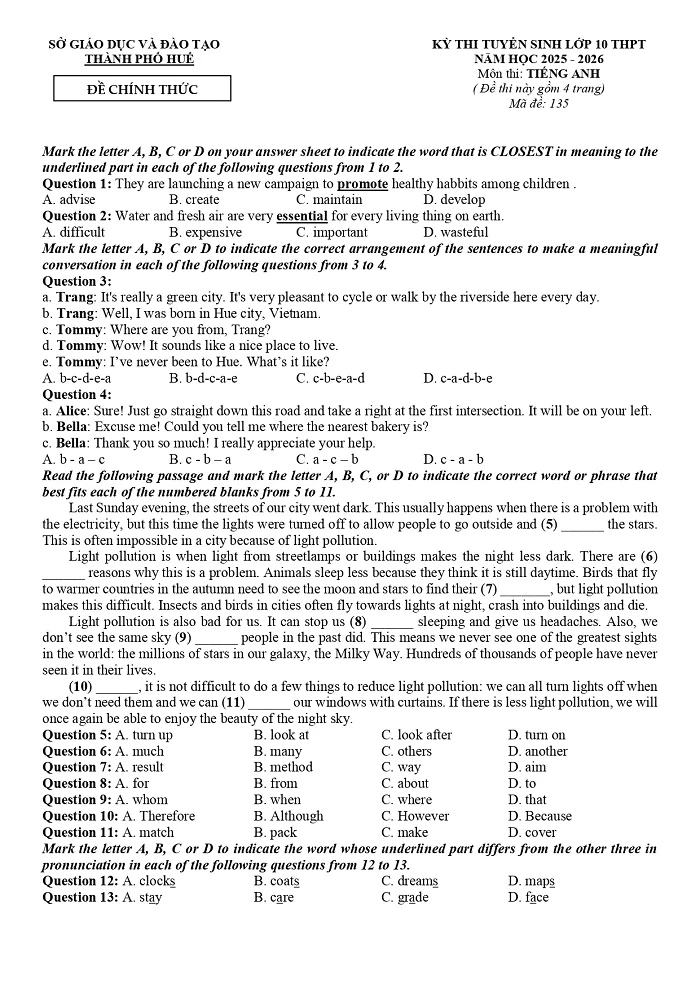 Đề thi Tiếng Anh vào 10 Thành phố Huế 2025 (Mã đề 135)