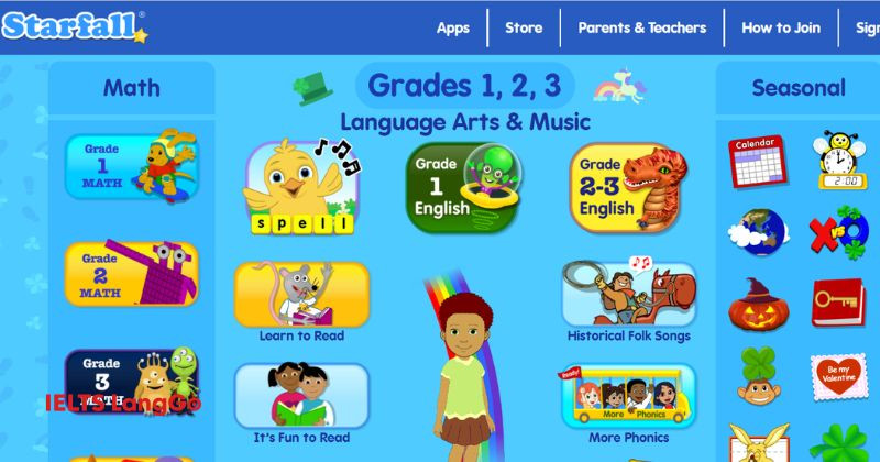 Starfall có các game học tập cho 3 nhóm tuổi, lớp 1,2,3, lớp 4,5 và nhóm mầm non