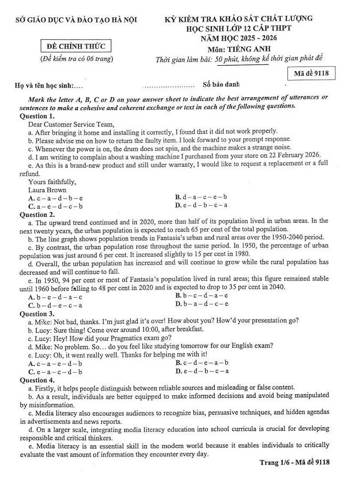 Đề khảo sát chất lượng Tiếng Anh lớp 12 Hà Nội 2026 mã đề 9118