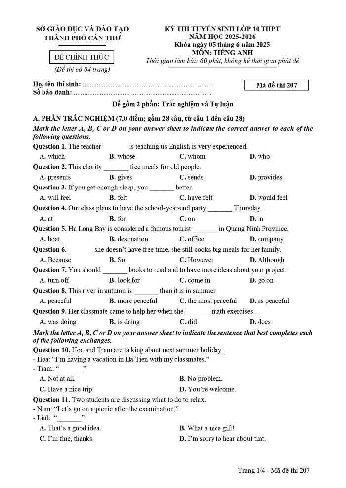 Đề thi Tiếng Anh vào lớp 10 TP. Cần Thơ năm 2025