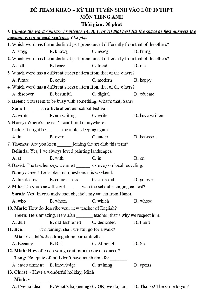 Đề minh họa môn Tiếng Anh thi vào 10 TPHCM 2026