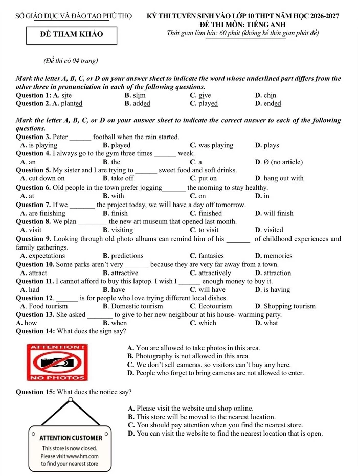 Đề minh họa môn tiếng Anh thi vào lớp 10 THPT Phú Thọ 2026