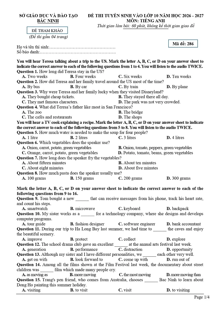 Đề minh họa môn Tiếng Anh tuyển sinh vào lớp 10 Bắc Ninh 2026