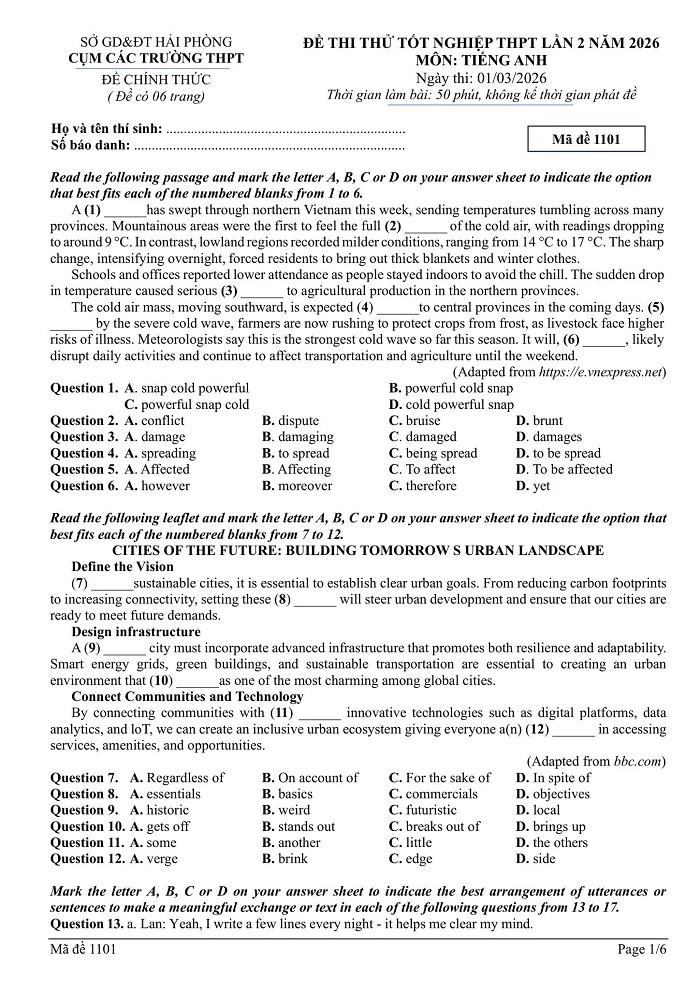 Đề thi thử Tiếng Anh tốt nghiệp THPT Hải Phòng 2026 lần 2