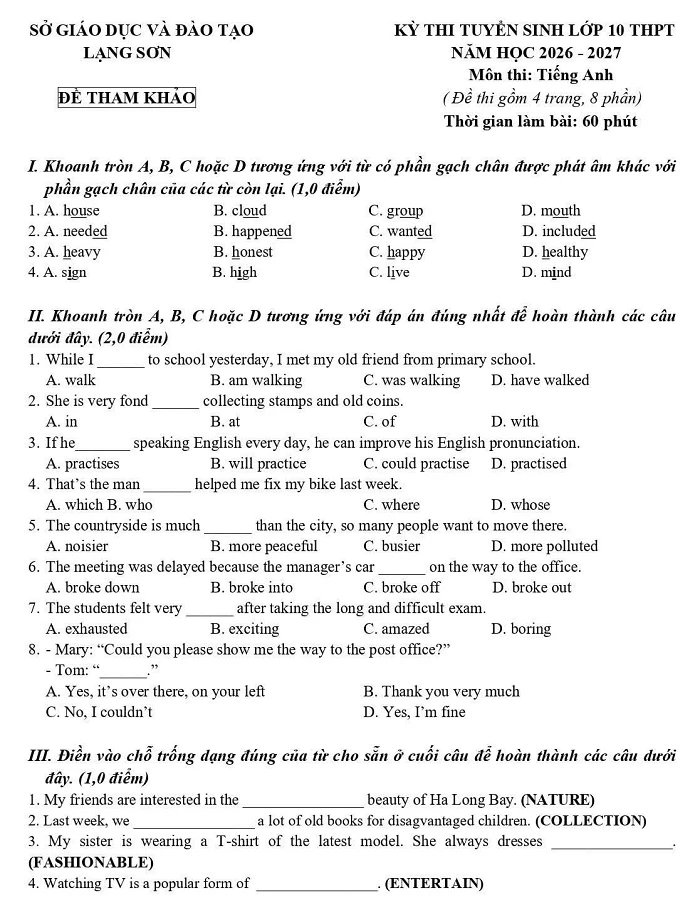 Đề tham khảo tiếng Anh thi vào lớp 10 Lạng Sơn 2026
