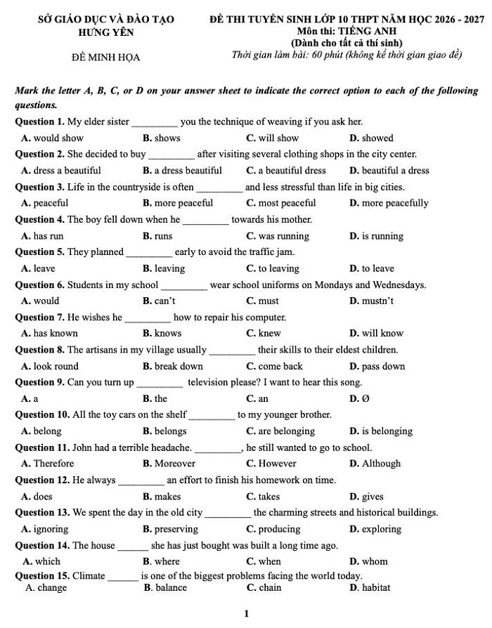 Đề minh họa môn Tiếng Anh tuyển sinh vào lớp 10 Hưng Yên 2026