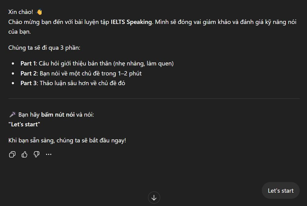 Chatbot Grade Your IELTS Speaking có hướng dẫn bắt đầu rõ ràng