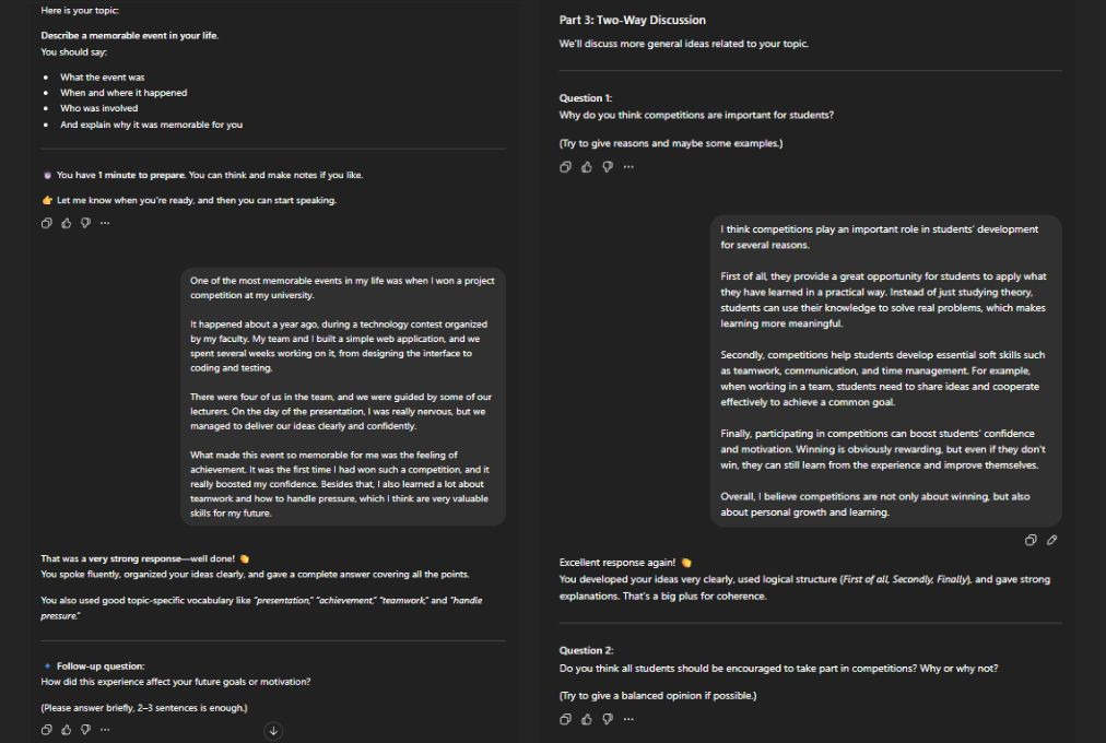 ChatGPT có thể hỏi đầy đủ các part như giám khảo thật