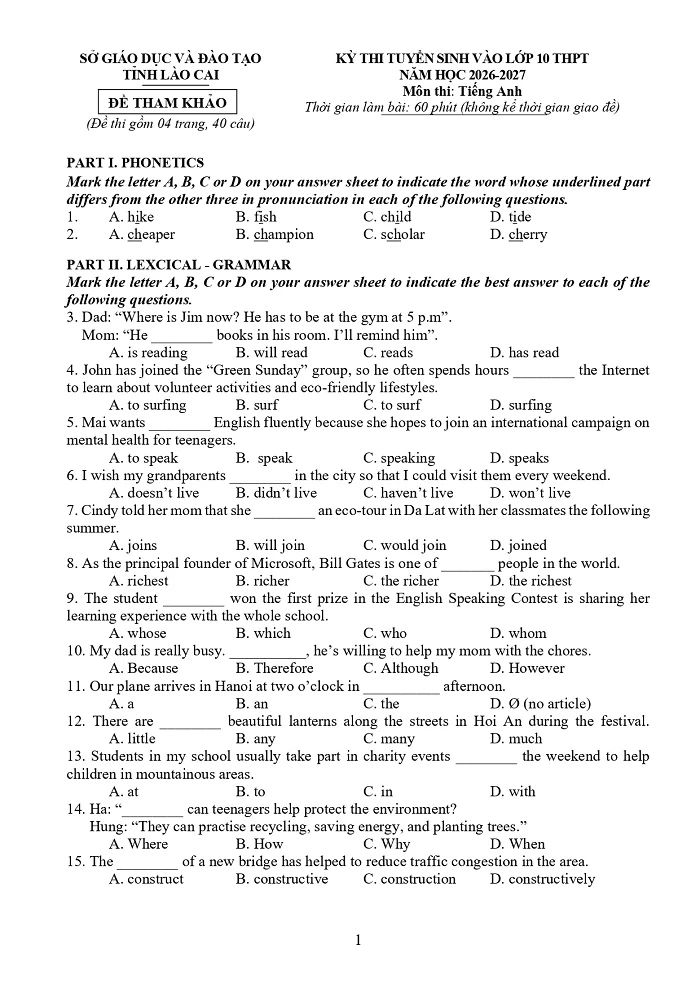 Đề minh họa môn Tiếng Anh thi vào 10 Lào Cai 2026
