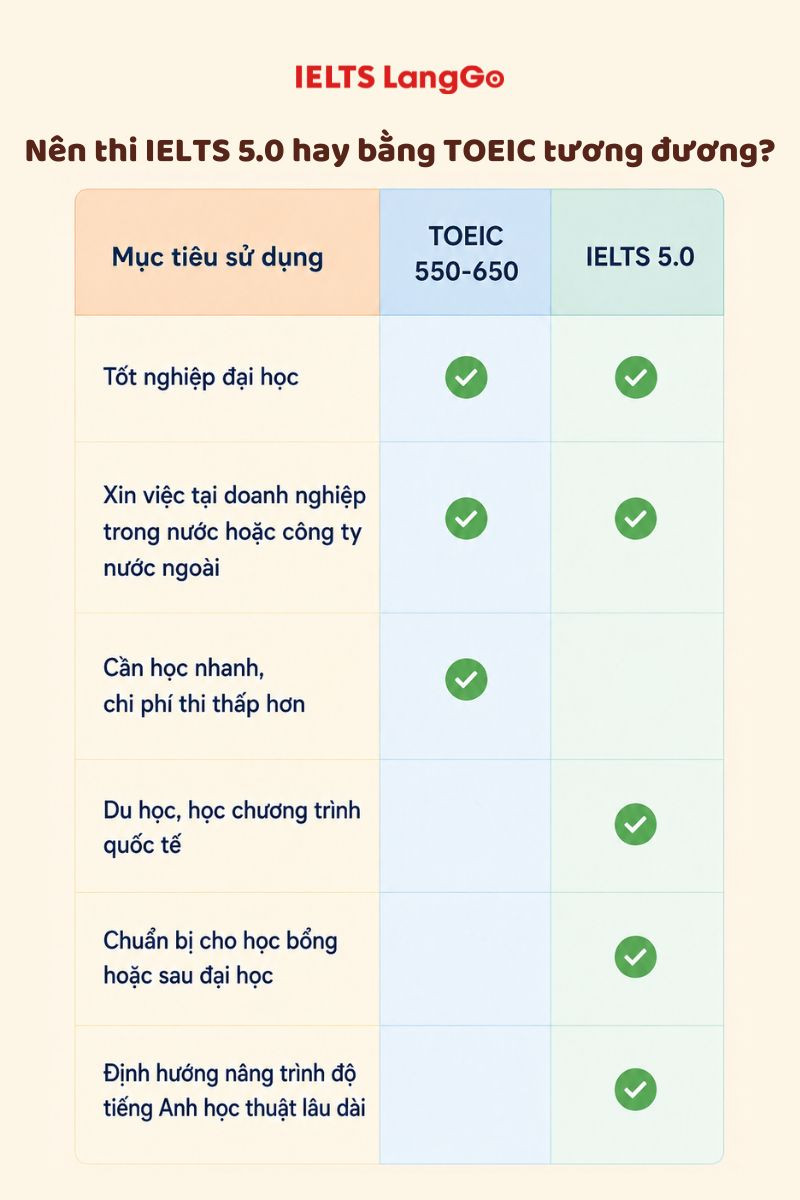IELTS 5.0 tương đương TOEIC có gì khác biệt?