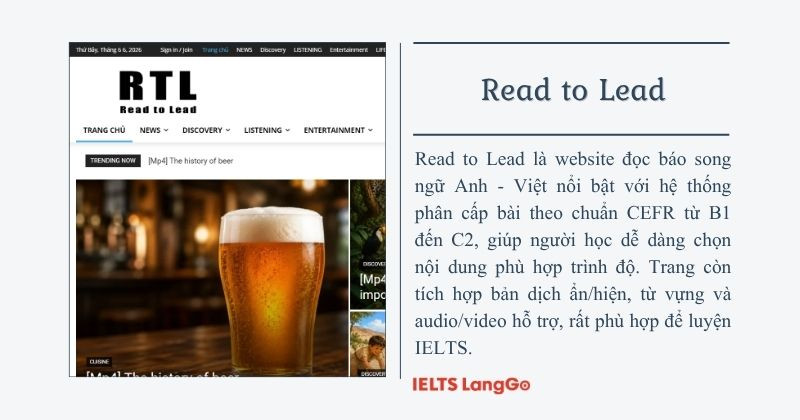 Read to lead thật sự là một web đọc báo song ngữ Anh-Việt phù hợp cho việc học