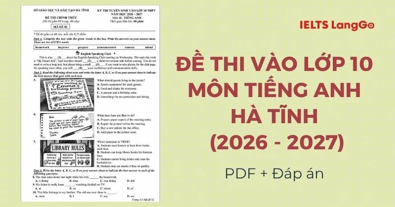 Đề thi tiếng Anh tuyển sinh vào lớp 10 Hà Tĩnh 2026 (PDF & Đáp án)