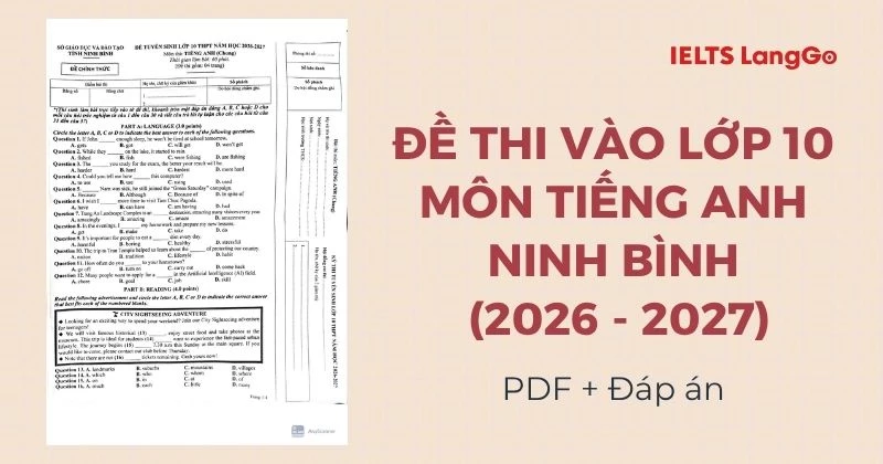 Đề thi Tiếng Anh vào 10 Ninh Bình năm học 2026 - 2027 (PDF & Đáp án)