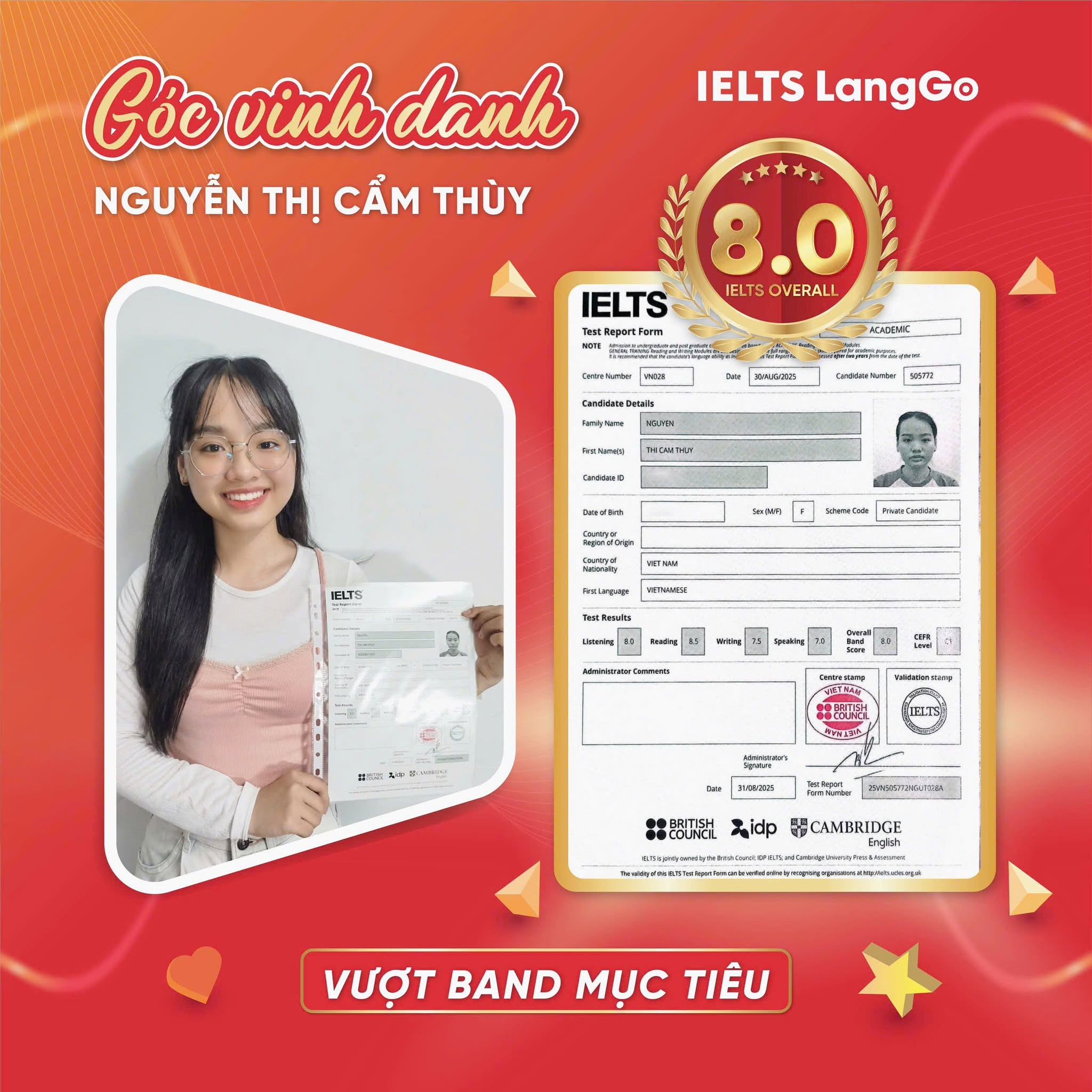 Cẩm Thùy xuất sắc vượt band từ 4.0 chạm đích 8.0 IELTS sau 6 tháng học tại IELTS LangGo