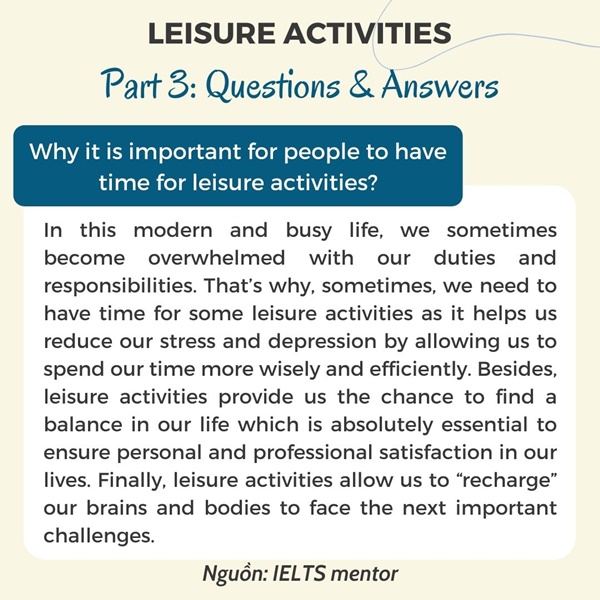 Câu trả lời mẫu cho Speaking part 3 chủ đề Leisure Activities