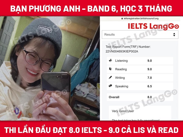 Học viên IELTS LangGo bạn Phương Anh (học band 6-7, thi thật đạt 8.0 Overall)